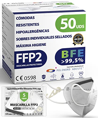 ADESTE - 50 Mascarillas FFP2 Blancas con Certificado CE, cadena controlada, elásticos cómodos, hipoalergénicos y regulables. Seguras: potencia de filtrado BFE >99,5%. Sobres individuales sellados